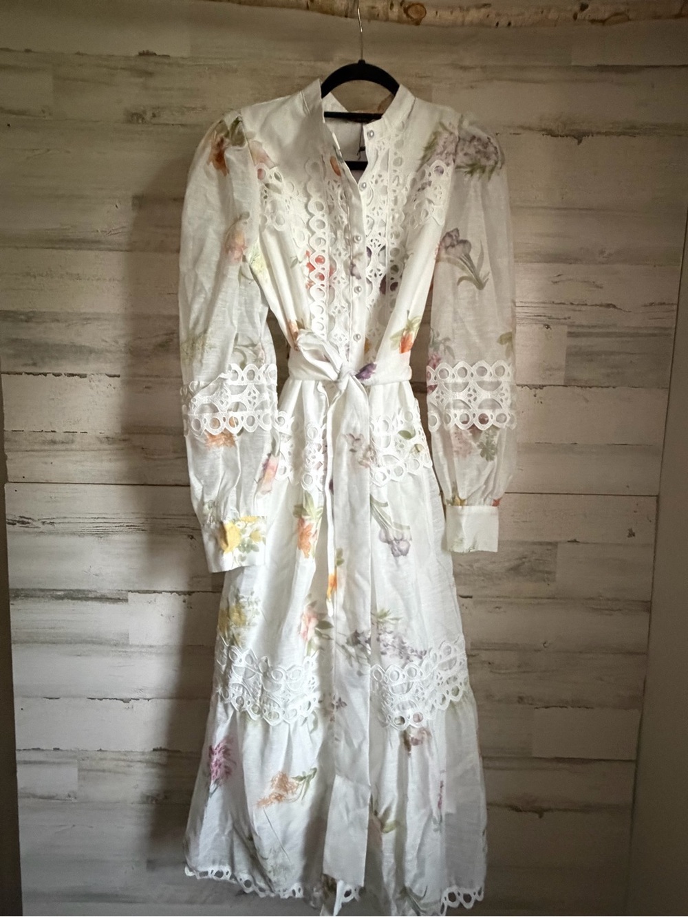 White Floral Lace-Trim Midi Dress with Tie Waist